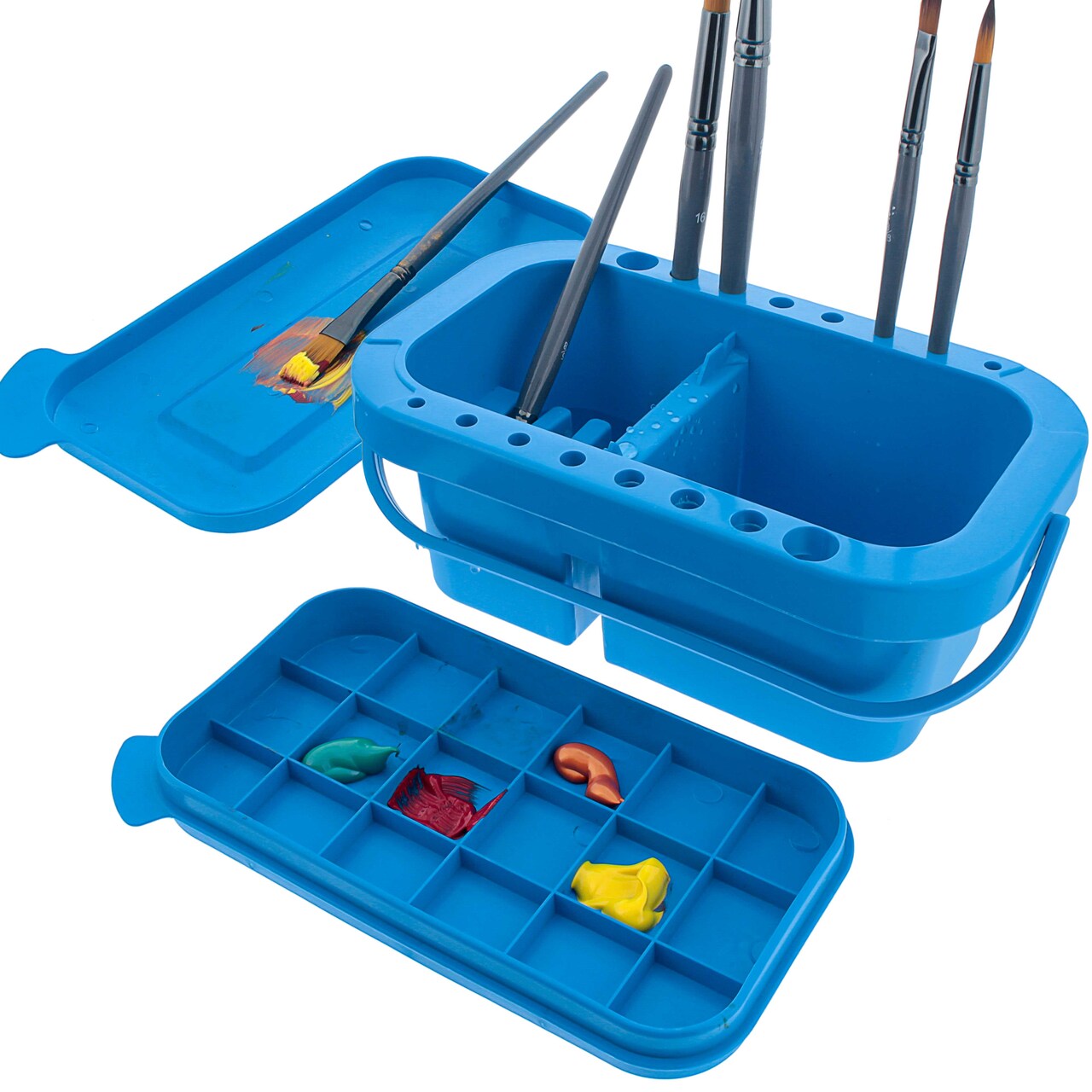 16-Hole Plastic Paint Brush Cleaner Washer & Paint Brush Holder with Palette Lid for Acrylic, Watercolor & Oil Paints